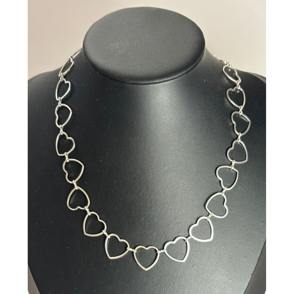 Vintage Y2K Silver Tone Open Heart Link Necklace 17 Inch Romantic Jewelry NRT